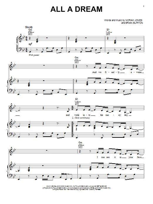 Norah Jones All A Dream Sheet Music Notes & Chords for Piano, Vocal & Guitar (Right-Hand Melody) - Download or Print PDF