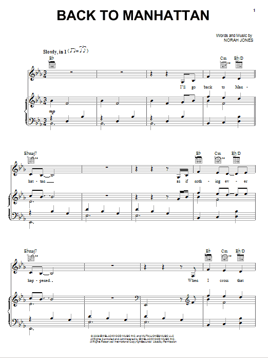 Norah Jones Back To Manhattan Sheet Music Notes & Chords for Piano, Vocal & Guitar (Right-Hand Melody) - Download or Print PDF