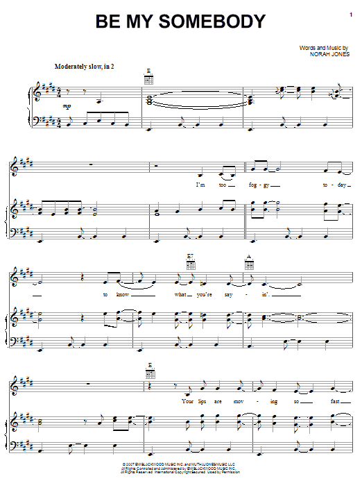 Norah Jones Be My Somebody Sheet Music Notes & Chords for Piano, Vocal & Guitar (Right-Hand Melody) - Download or Print PDF