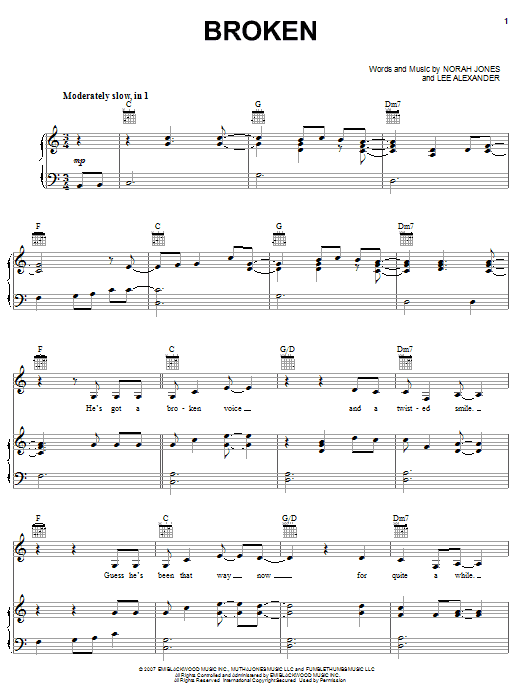 Norah Jones Broken Sheet Music Notes & Chords for Piano, Vocal & Guitar (Right-Hand Melody) - Download or Print PDF