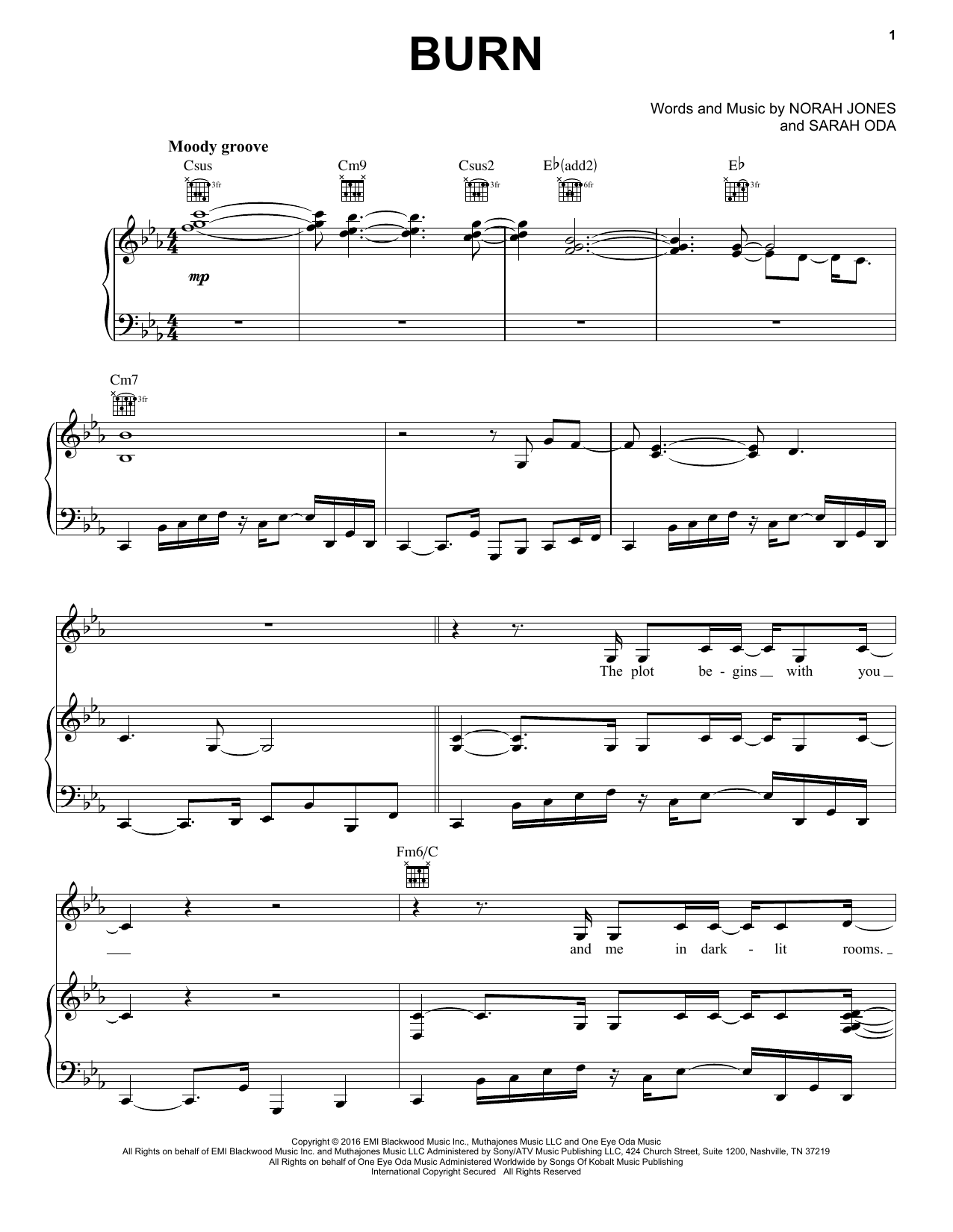 Norah Jones Burn Sheet Music Notes & Chords for Piano, Vocal & Guitar (Right-Hand Melody) - Download or Print PDF