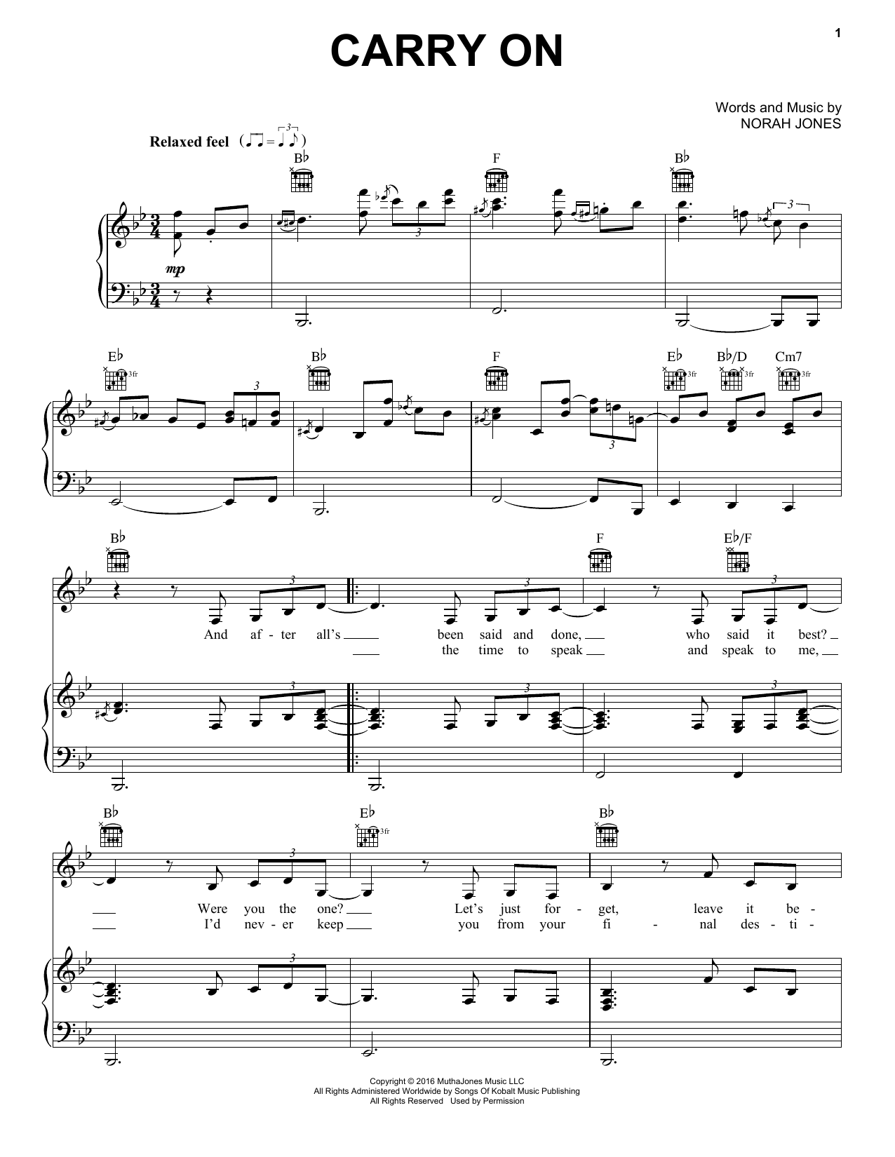 Norah Jones Carry On Sheet Music Notes & Chords for Easy Piano - Download or Print PDF