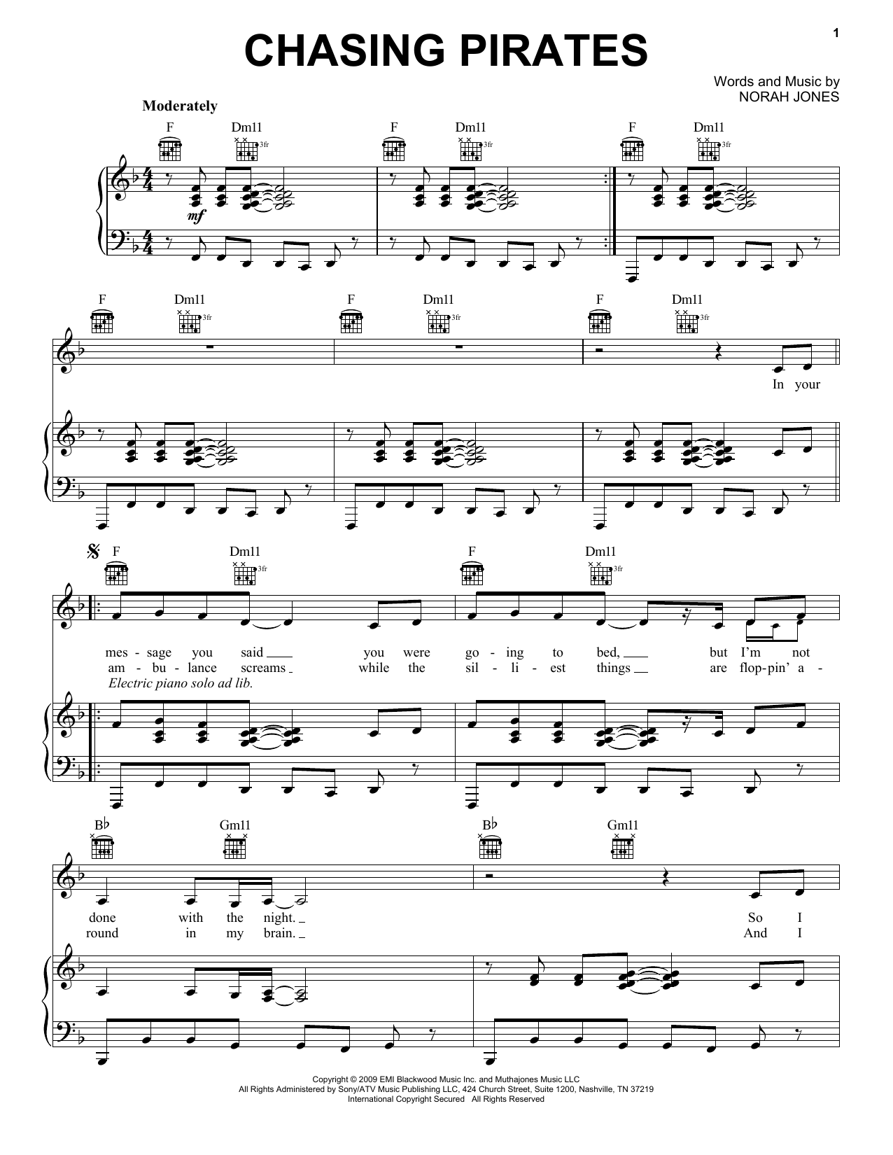Norah Jones Chasing Pirates Sheet Music Notes & Chords for Piano, Vocal & Guitar (Right-Hand Melody) - Download or Print PDF