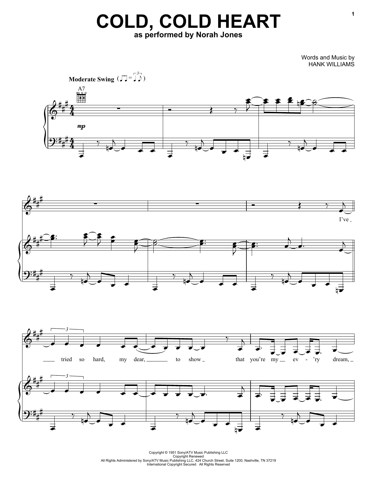 Norah Jones Cold Cold Heart Sheet Music Notes & Chords for Piano, Vocal & Guitar - Download or Print PDF