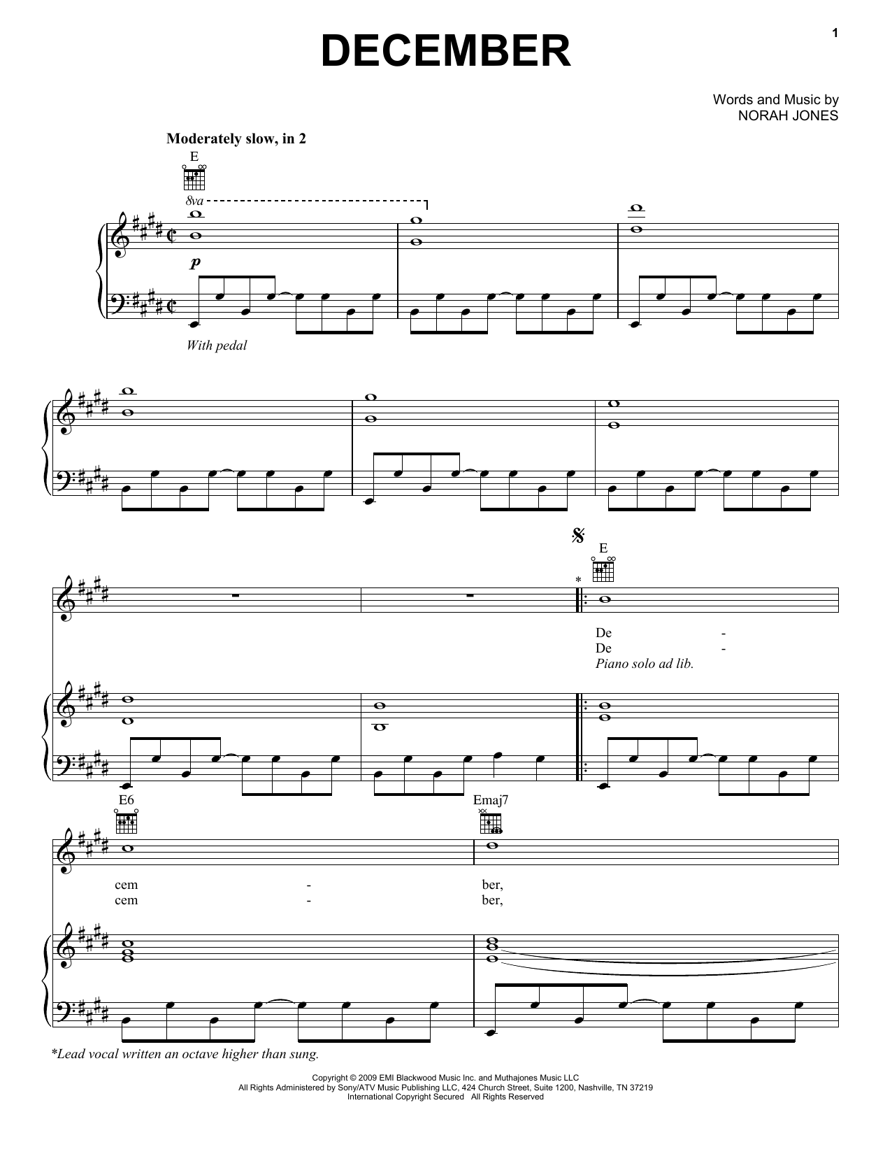 Norah Jones December Sheet Music Notes & Chords for Piano, Vocal & Guitar (Right-Hand Melody) - Download or Print PDF