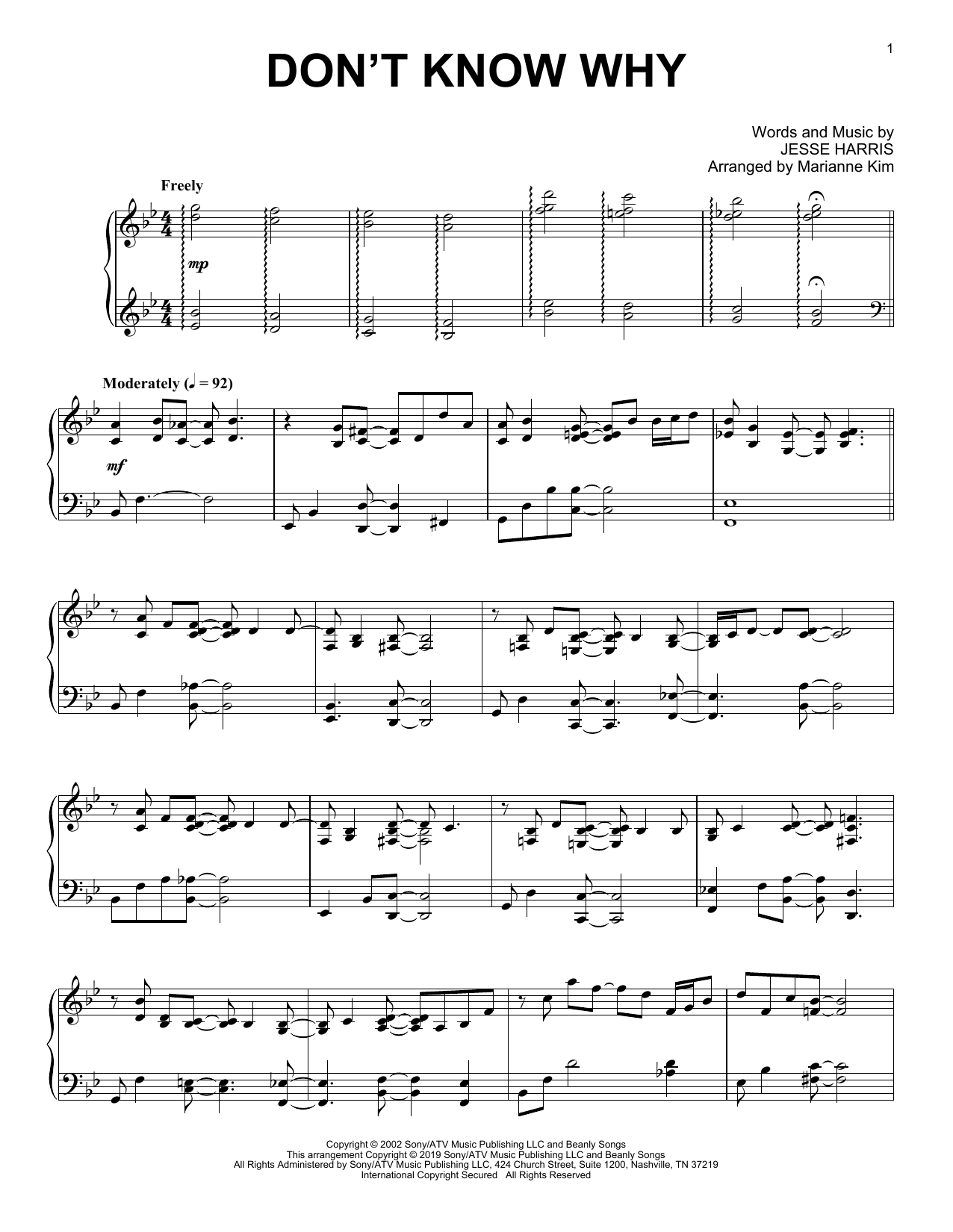 Norah Jones Don't Know Why (arr. Marianne Kim) Sheet Music Notes & Chords for Piano Solo - Download or Print PDF