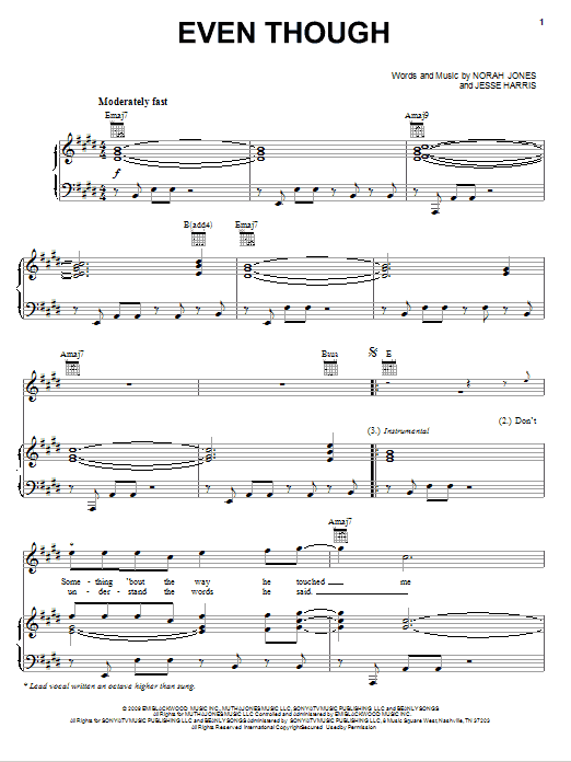 Norah Jones Even Though Sheet Music Notes & Chords for Piano, Vocal & Guitar (Right-Hand Melody) - Download or Print PDF