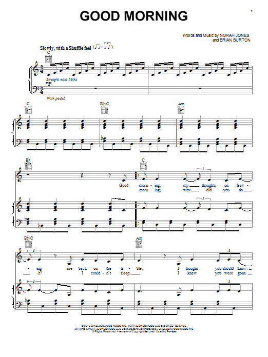 Norah Jones Good Morning Sheet Music Notes & Chords for Piano, Vocal & Guitar (Right-Hand Melody) - Download or Print PDF