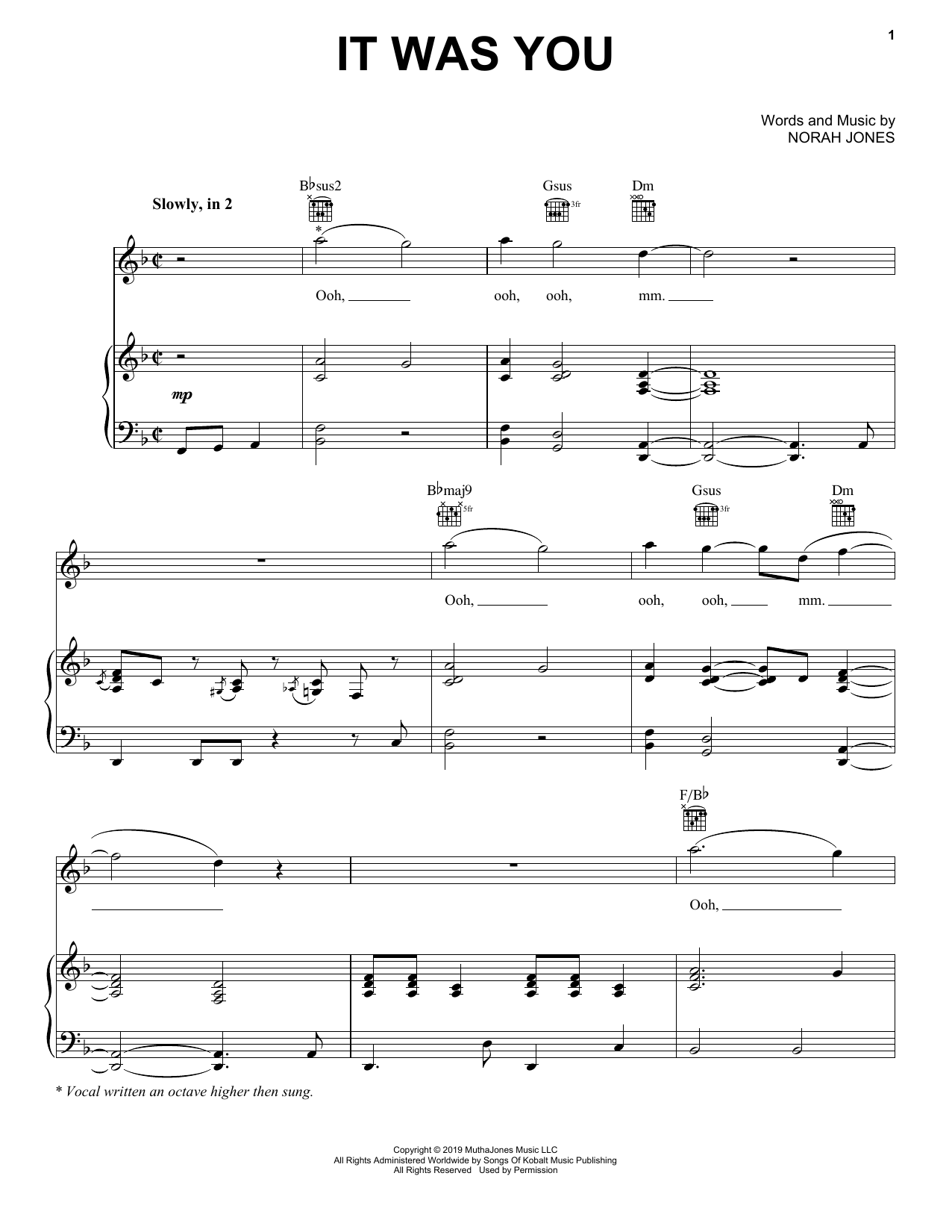 Norah Jones It Was You Sheet Music Notes & Chords for Piano, Vocal & Guitar (Right-Hand Melody) - Download or Print PDF
