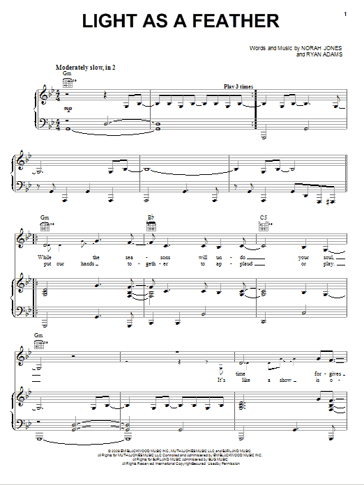 Norah Jones Light As A Feather Sheet Music Notes & Chords for Piano, Vocal & Guitar (Right-Hand Melody) - Download or Print PDF