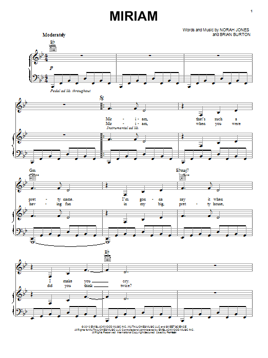 Norah Jones Miriam Sheet Music Notes & Chords for Piano, Vocal & Guitar (Right-Hand Melody) - Download or Print PDF