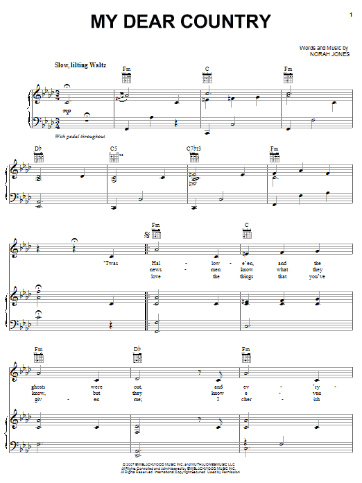 Norah Jones My Dear Country Sheet Music Notes & Chords for Piano, Vocal & Guitar (Right-Hand Melody) - Download or Print PDF