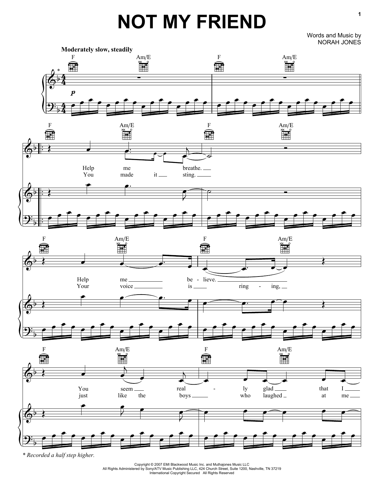 Norah Jones Not My Friend Sheet Music Notes & Chords for Piano, Vocal & Guitar (Right-Hand Melody) - Download or Print PDF