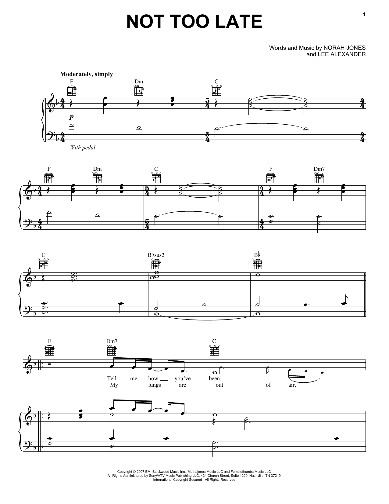 Norah Jones Not Too Late Sheet Music Notes & Chords for Piano, Vocal & Guitar (Right-Hand Melody) - Download or Print PDF