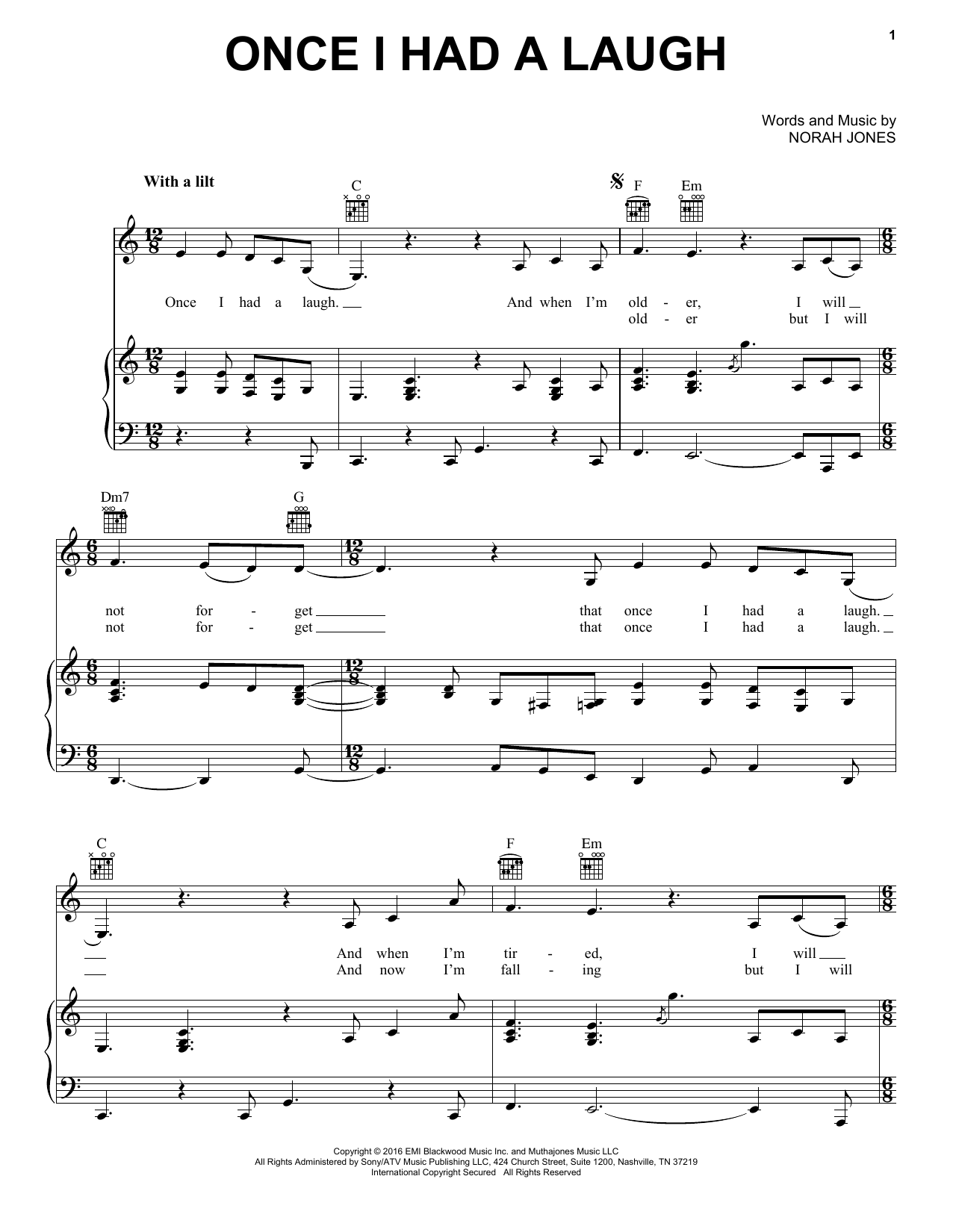 Norah Jones Once I Had A Laugh Sheet Music Notes & Chords for Piano, Vocal & Guitar (Right-Hand Melody) - Download or Print PDF
