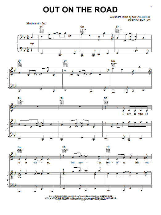 Norah Jones Out On The Road Sheet Music Notes & Chords for Piano, Vocal & Guitar (Right-Hand Melody) - Download or Print PDF