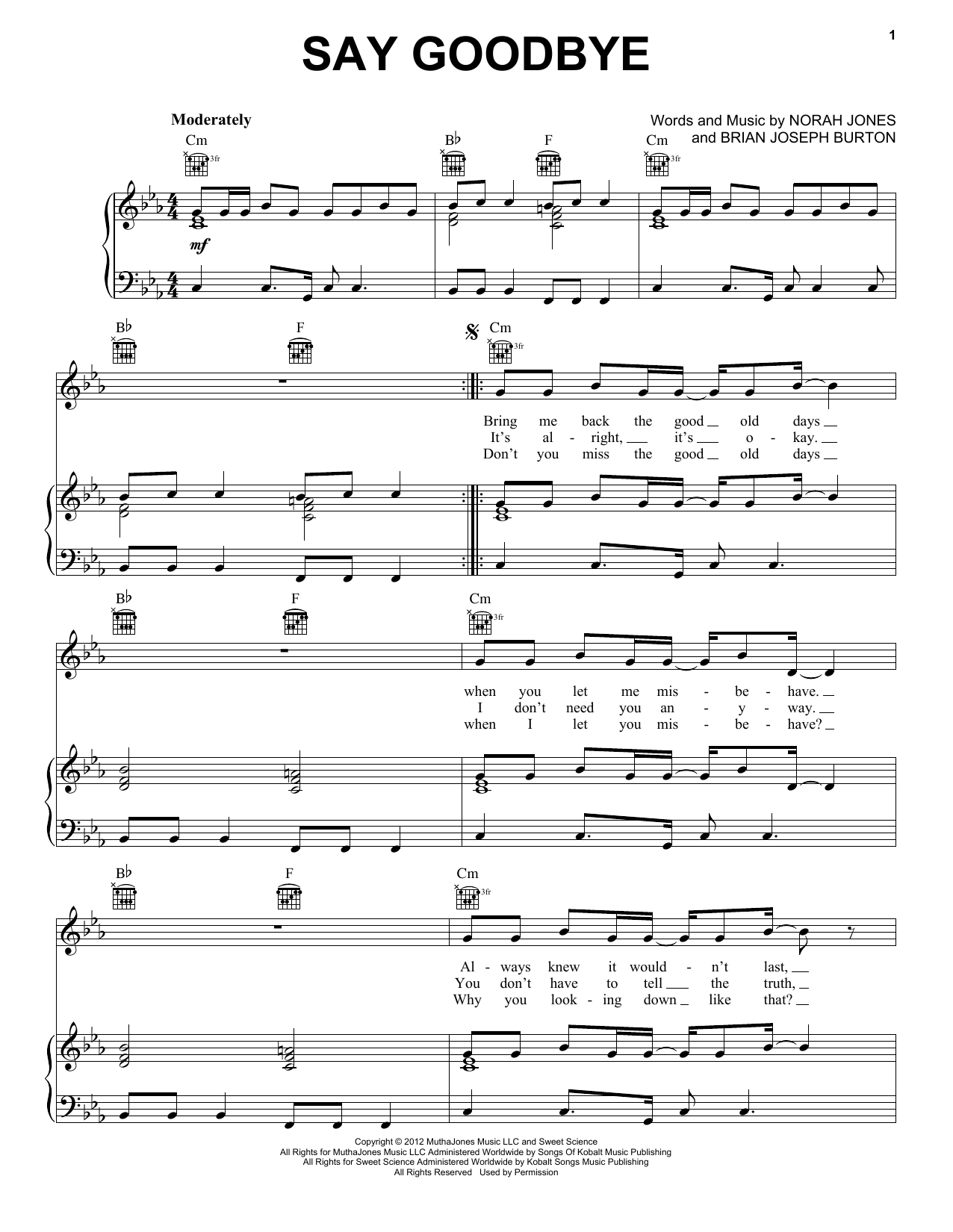 Norah Jones Say Goodbye Sheet Music Notes & Chords for Piano, Vocal & Guitar (Right-Hand Melody) - Download or Print PDF