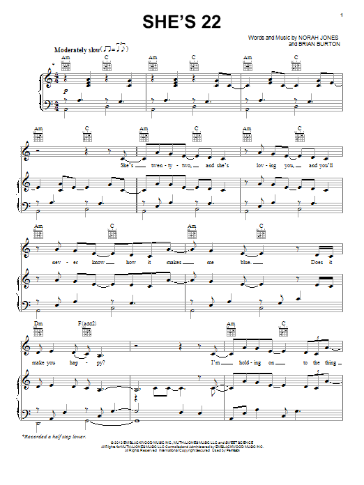 Norah Jones She's 22 Sheet Music Notes & Chords for Piano, Vocal & Guitar (Right-Hand Melody) - Download or Print PDF