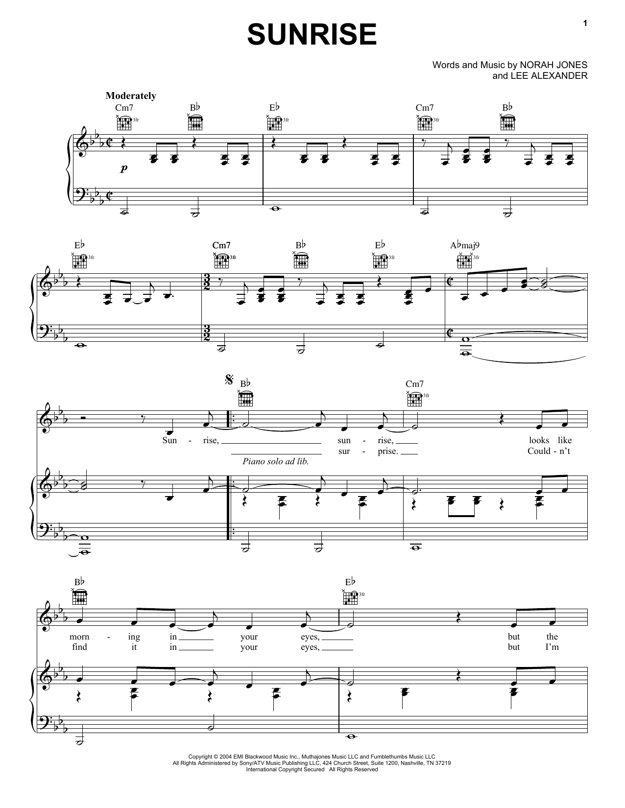 Norah Jones Sunrise Sheet Music Notes & Chords for Piano Solo - Download or Print PDF
