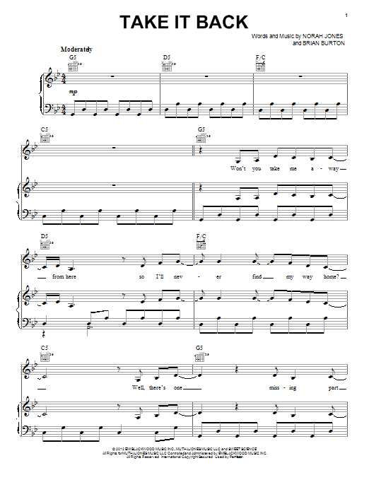 Norah Jones Take It Back Sheet Music Notes & Chords for Piano, Vocal & Guitar (Right-Hand Melody) - Download or Print PDF