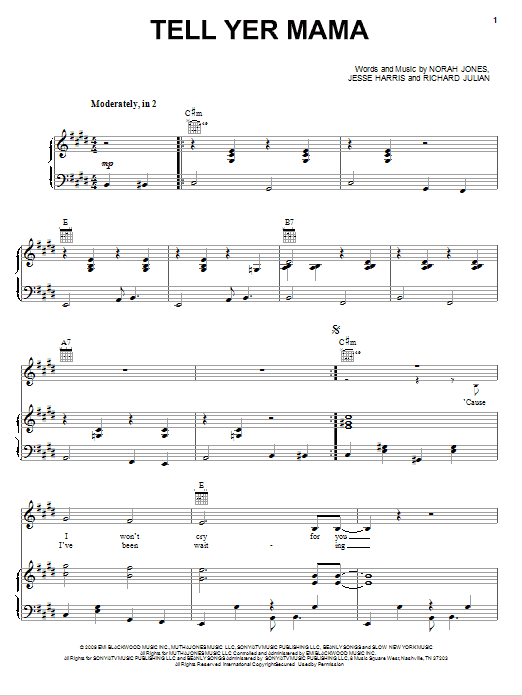 Norah Jones Tell Yer Mama Sheet Music Notes & Chords for Piano, Vocal & Guitar (Right-Hand Melody) - Download or Print PDF