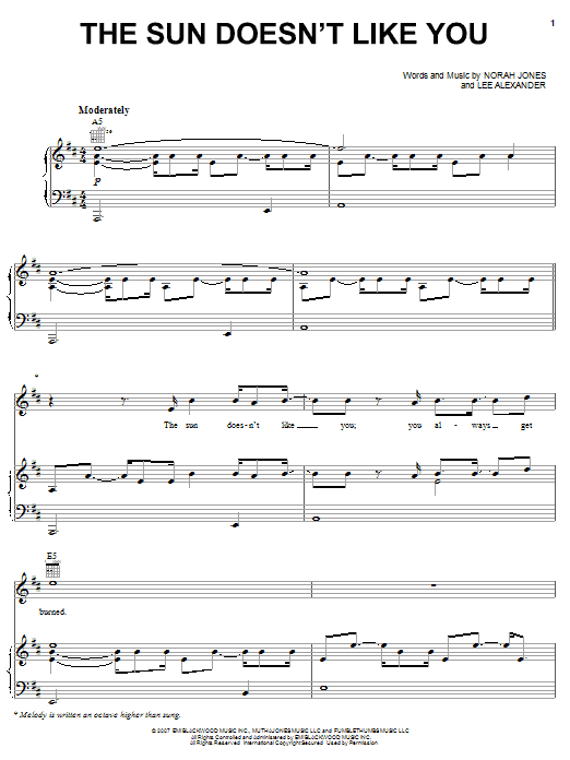 Norah Jones The Sun Doesn't Like You Sheet Music Notes & Chords for Piano, Vocal & Guitar (Right-Hand Melody) - Download or Print PDF