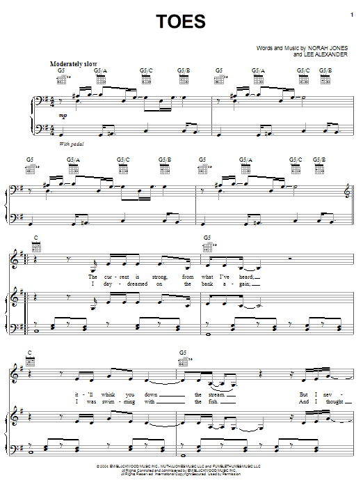 Norah Jones Toes Sheet Music Notes & Chords for Piano, Vocal & Guitar (Right-Hand Melody) - Download or Print PDF