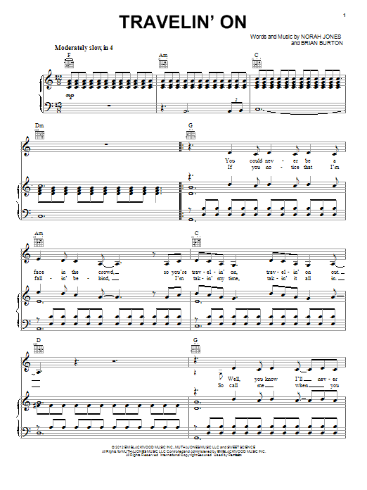 Norah Jones Travelin' On Sheet Music Notes & Chords for Piano, Vocal & Guitar (Right-Hand Melody) - Download or Print PDF