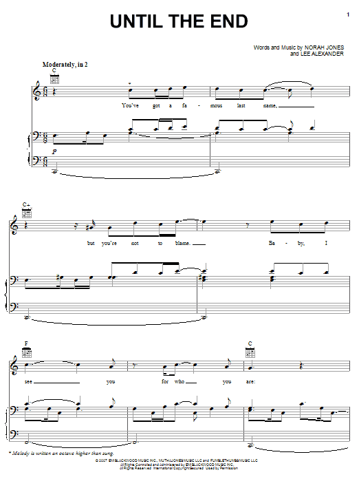 Norah Jones Until The End Sheet Music Notes & Chords for Piano, Vocal & Guitar (Right-Hand Melody) - Download or Print PDF