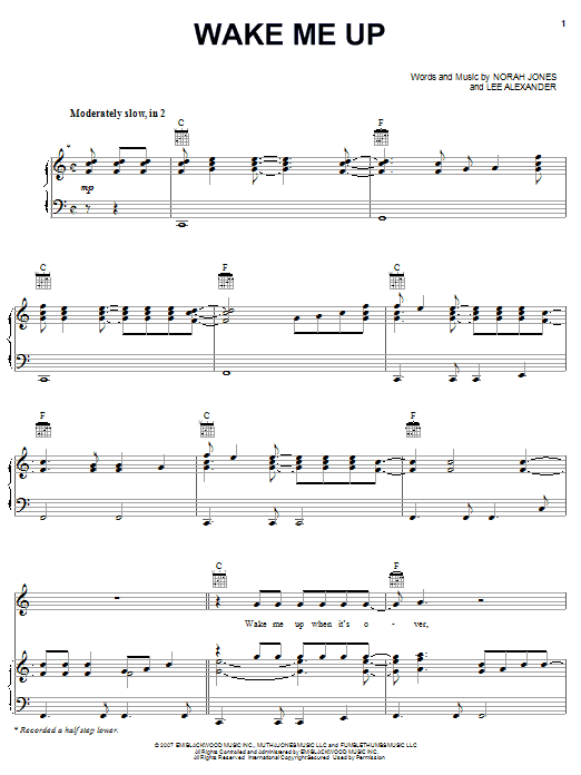 Norah Jones Wake Me Up Sheet Music Notes & Chords for Piano, Vocal & Guitar (Right-Hand Melody) - Download or Print PDF