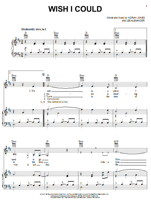 Norah Jones Wish I Could Sheet Music Notes & Chords for Piano, Vocal & Guitar (Right-Hand Melody) - Download or Print PDF