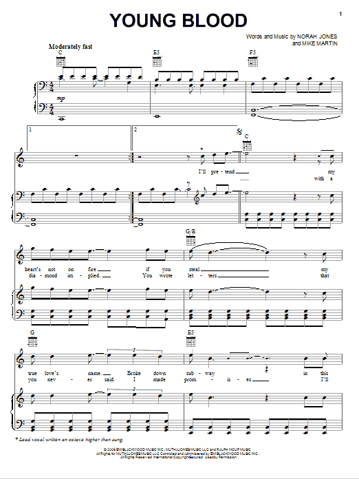 Norah Jones Young Blood Sheet Music Notes & Chords for Piano, Vocal & Guitar (Right-Hand Melody) - Download or Print PDF