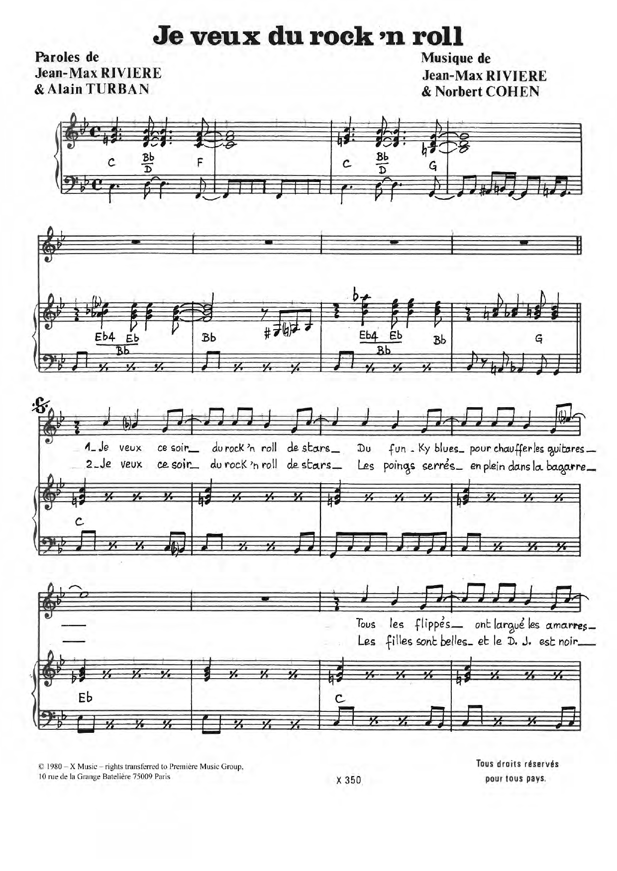 Norbert Cohen Je Veux Du Rock 'N' Roll Sheet Music Notes & Chords for Piano & Vocal - Download or Print PDF
