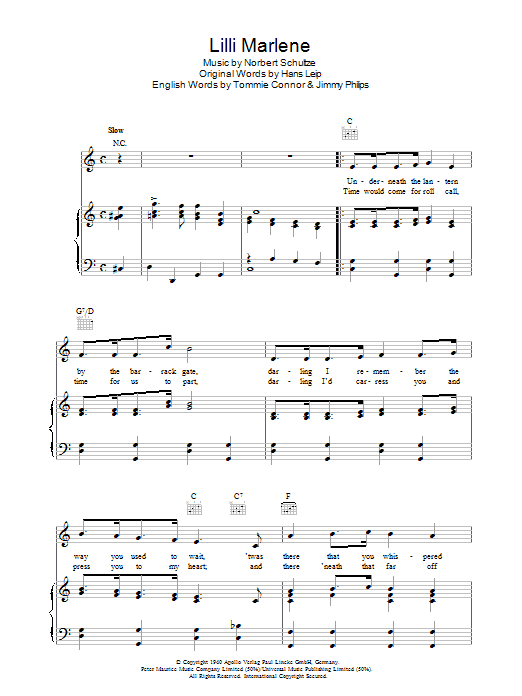 Norbert Schultze Lilli Marlene Sheet Music Notes & Chords for Piano, Vocal & Guitar (Right-Hand Melody) - Download or Print PDF Norbert Schultze Lilli Marlene Sheet Music Notes & Chords for Piano, Vocal & Guitar (Right-Hand Melody) - Download or Print PDF