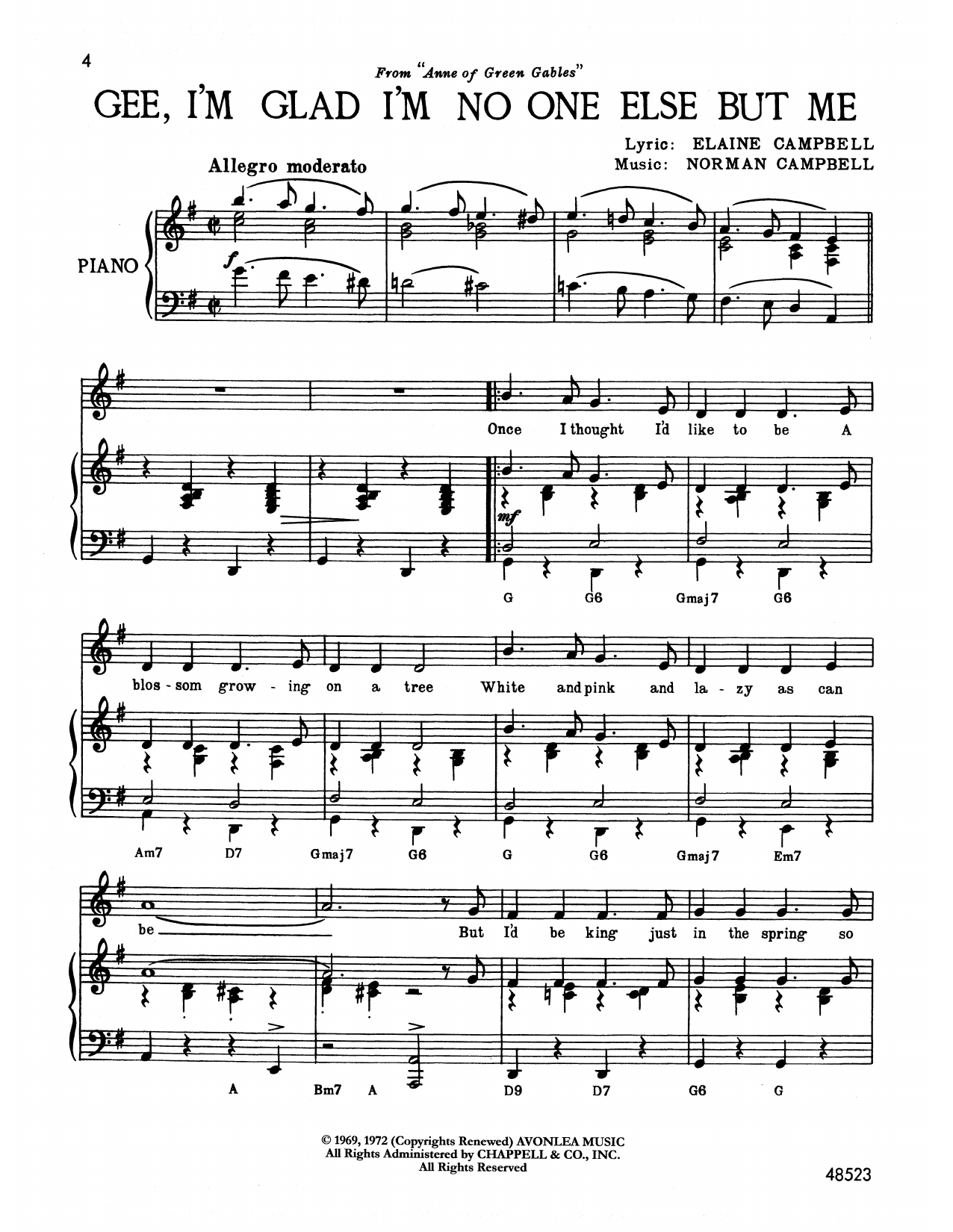 Norman Campbell Gee, I'm Glad I'm No One Else But Me (from Anne Of Green Gables) Sheet Music Notes & Chords for Piano & Vocal - Download or Print PDF