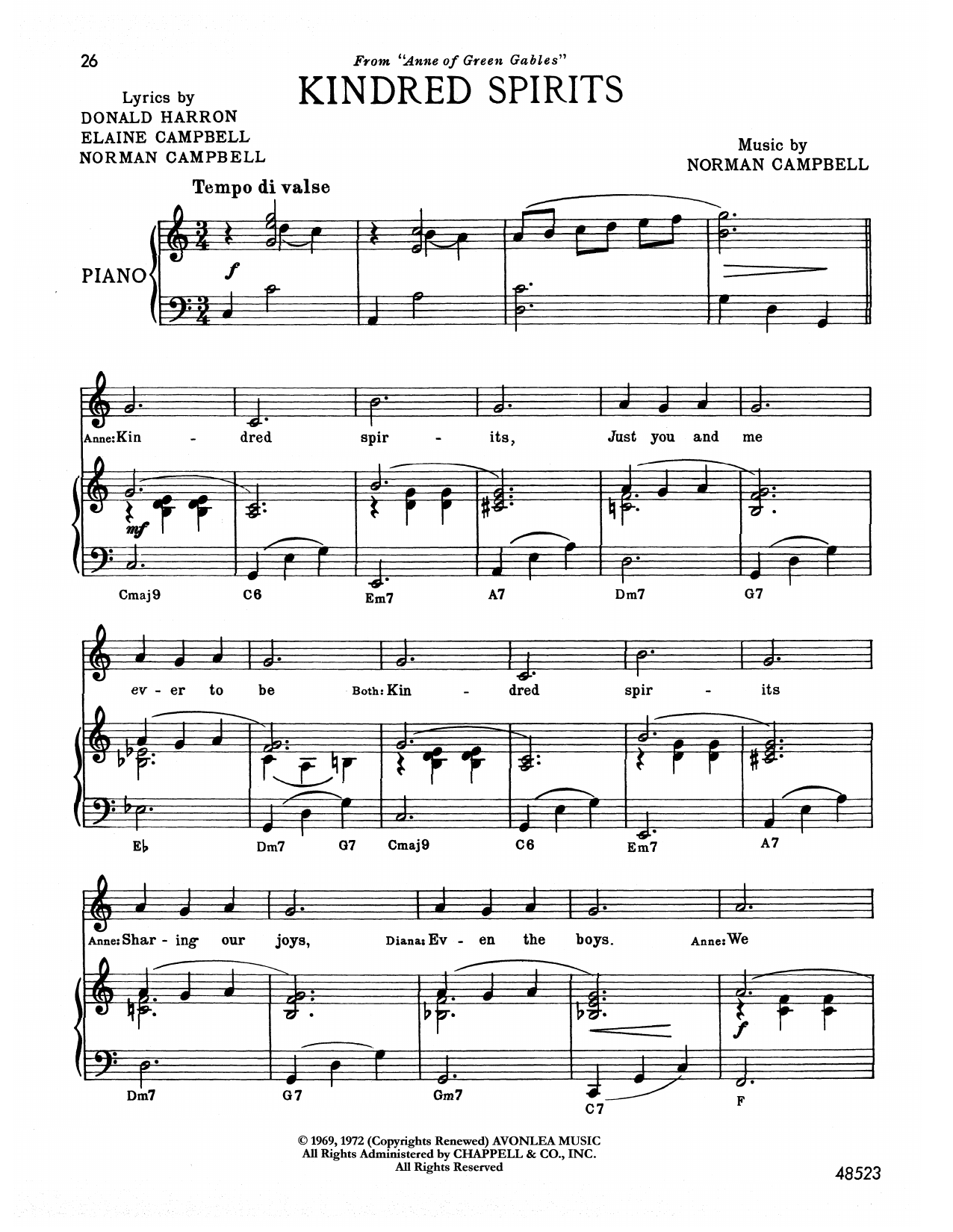 Norman Campbell Kindred Spirits (from Anne Of Green Gables) Sheet Music Notes & Chords for Piano & Vocal - Download or Print PDF