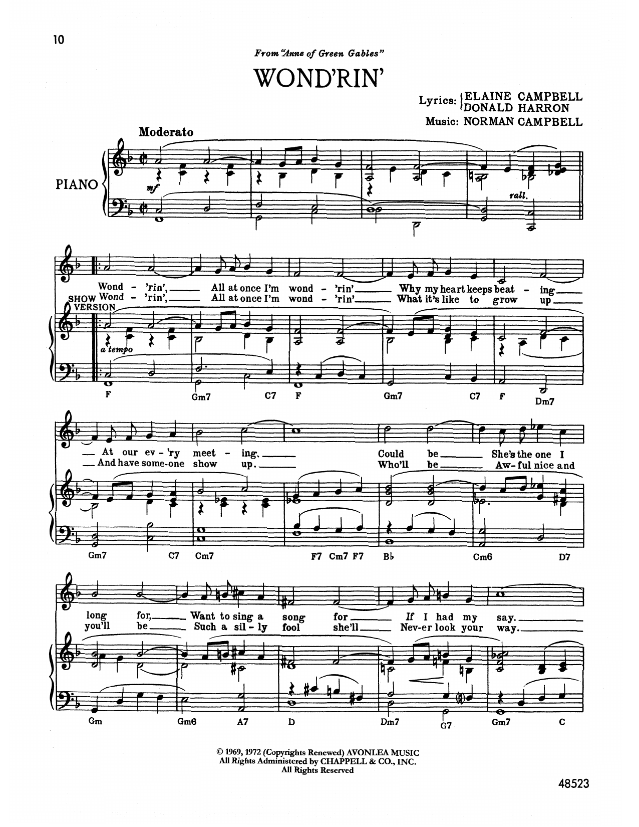 Norman Campbell Wond'rin' (from Anne Of Green Gables) Sheet Music Notes & Chords for Piano & Vocal - Download or Print PDF