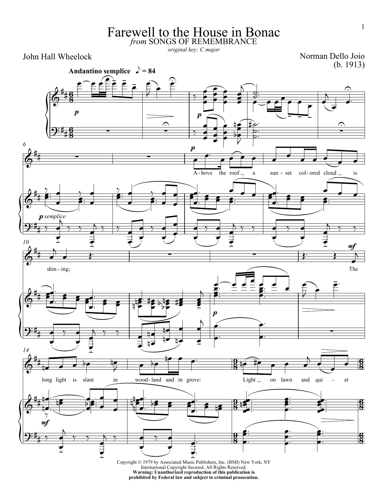 Norman Dello Joio Farewell To The House In Bonac Sheet Music Notes & Chords for Piano & Vocal - Download or Print PDF