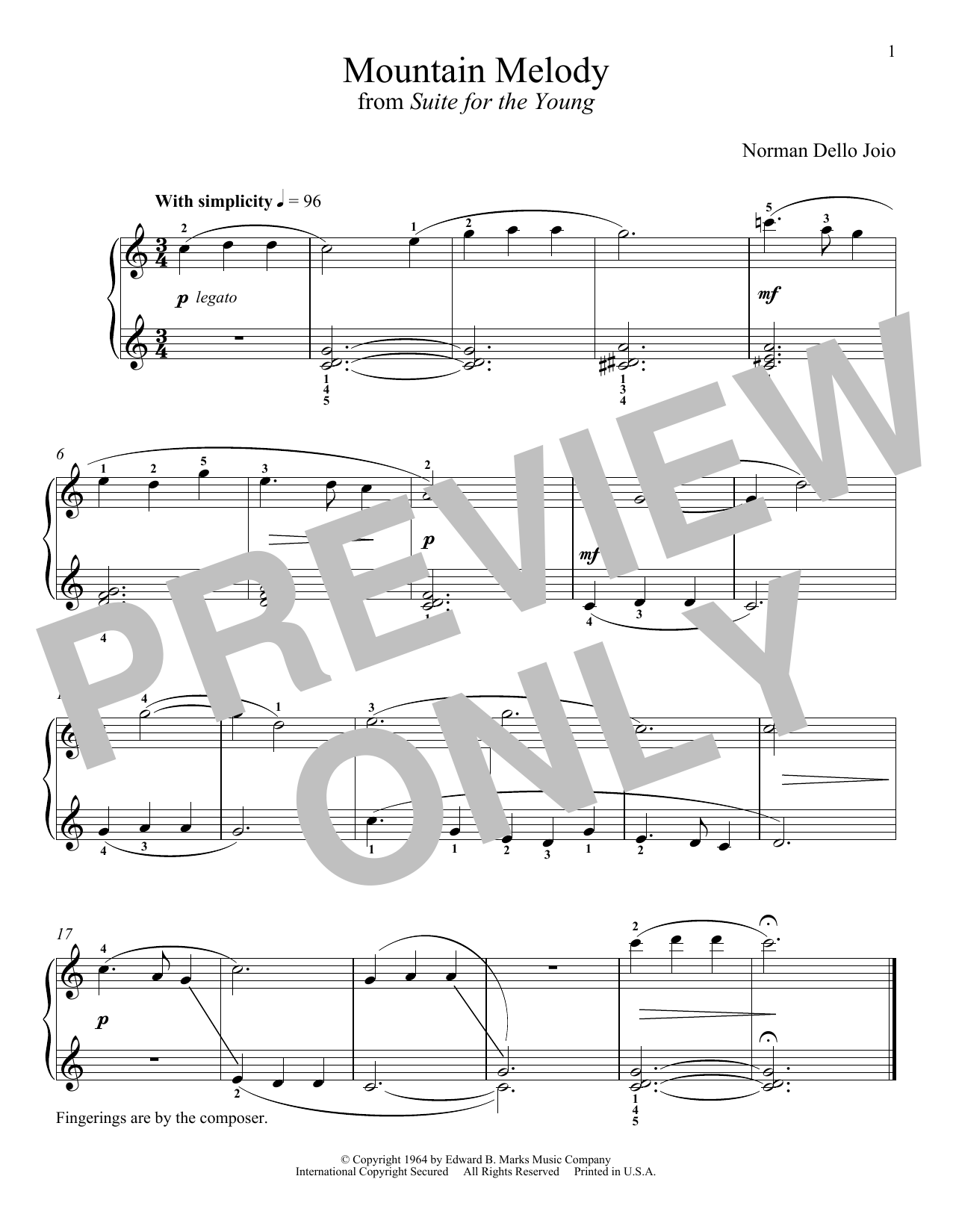 Norman Dello Joio Mountain Melody Sheet Music Notes & Chords for Piano - Download or Print PDF