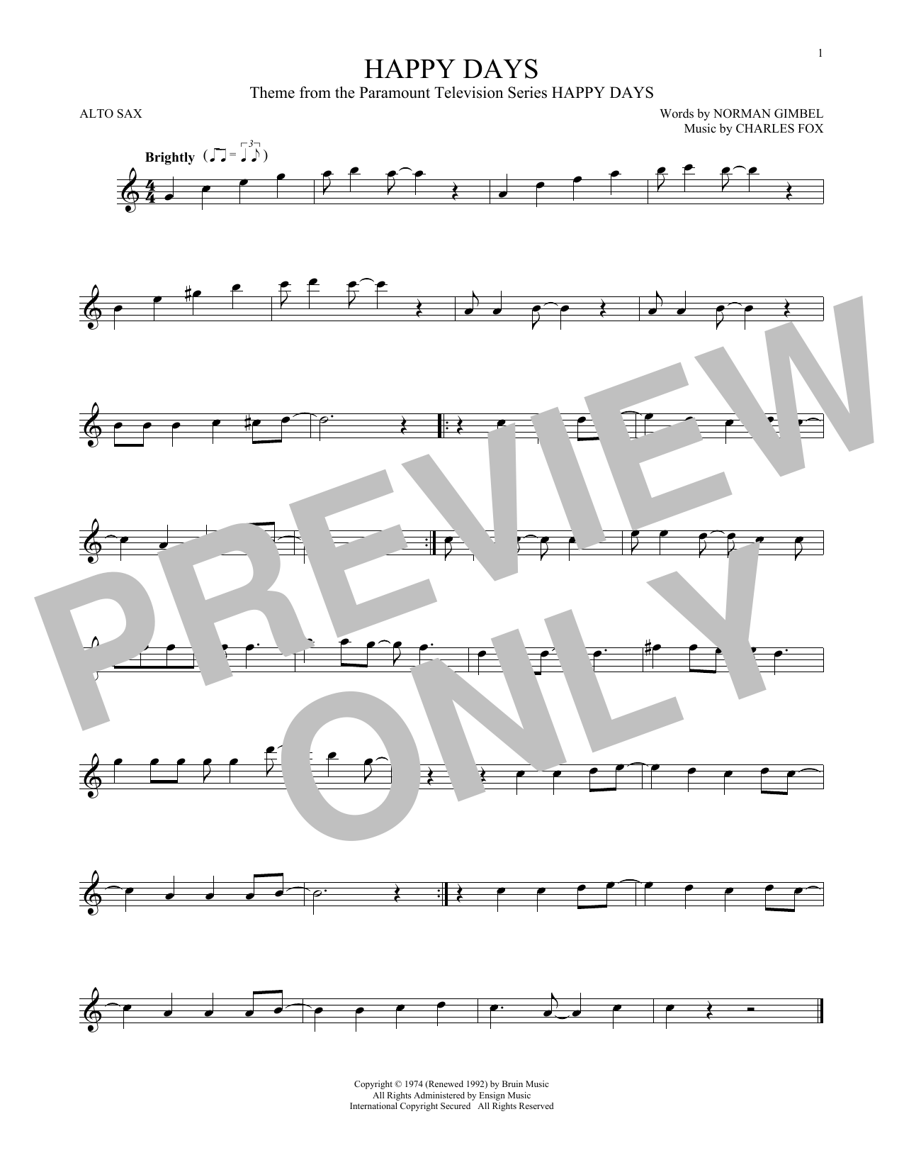 Norman Gimbel & Charles Fox Happy Days Sheet Music Notes & Chords for French Horn - Download or Print PDF