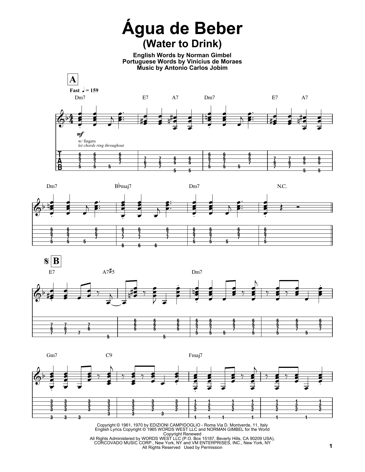 Norman Gimbel Água De Beber (Water To Drink) Sheet Music Notes & Chords for Guitar Tab Play-Along - Download or Print PDF
