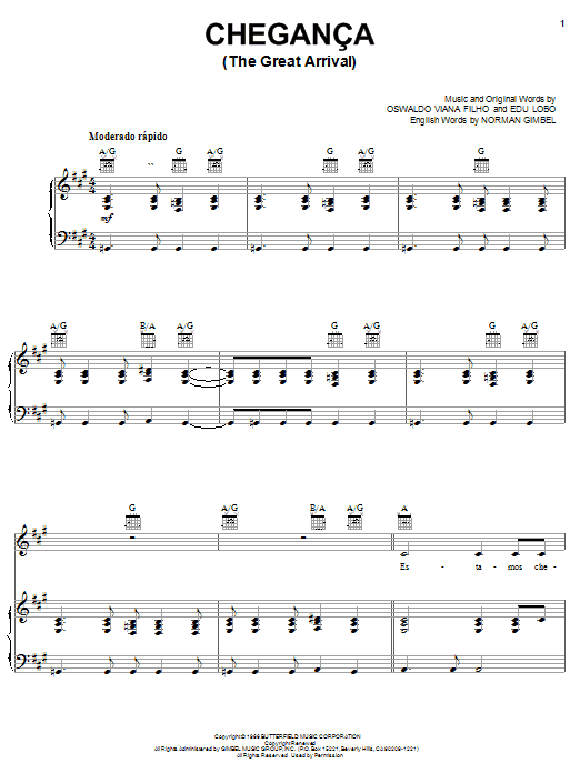 Norman Gimbel Cheganca (The Great Arrival) Sheet Music Notes & Chords for Piano, Vocal & Guitar (Right-Hand Melody) - Download or Print PDF