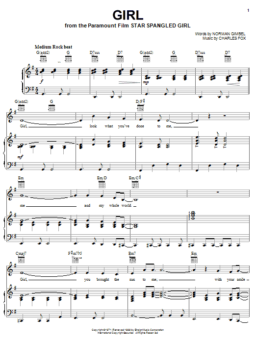 Norman Gimbel Girl Sheet Music Notes & Chords for Piano, Vocal & Guitar (Right-Hand Melody) - Download or Print PDF