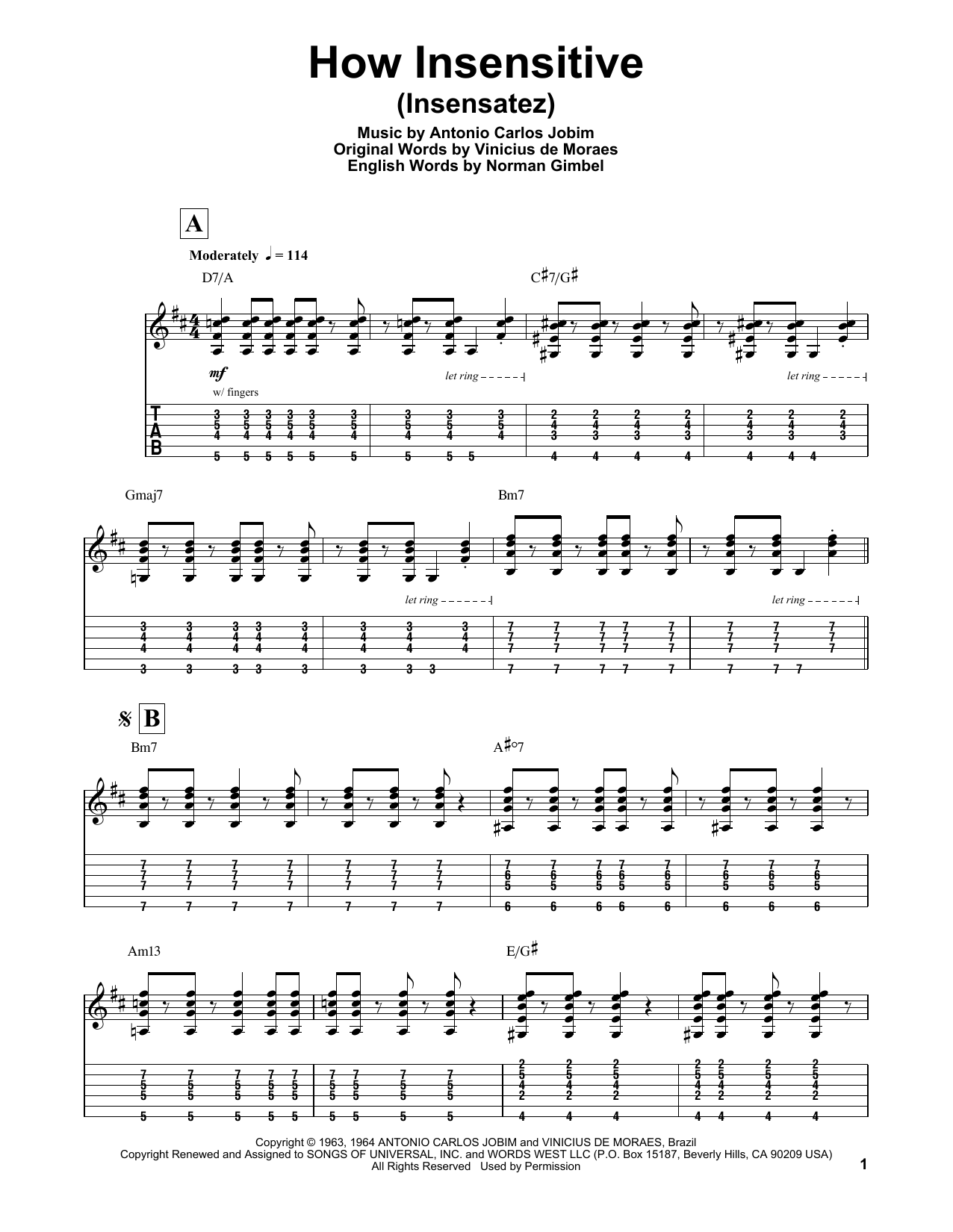 Norman Gimbel How Insensitive (Insensatez) Sheet Music Notes & Chords for Guitar Tab Play-Along - Download or Print PDF