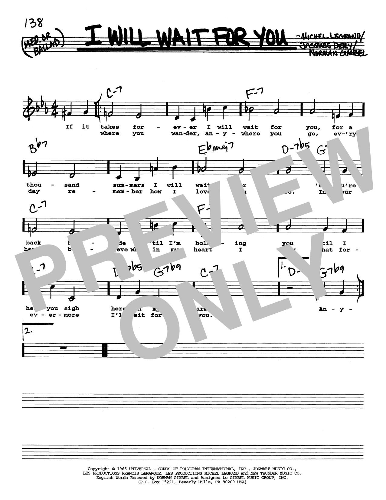 Norman Gimbel I Will Wait For You (Low Voice) Sheet Music Notes & Chords for Real Book – Melody, Lyrics & Chords - Download or Print PDF