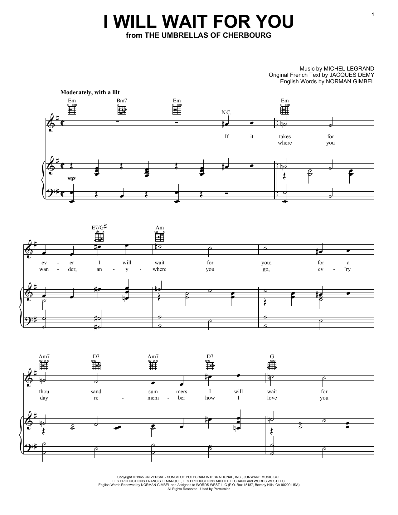 Norman Gimbel I Will Wait For You Sheet Music Notes & Chords for Piano, Vocal & Guitar (Right-Hand Melody) - Download or Print PDF