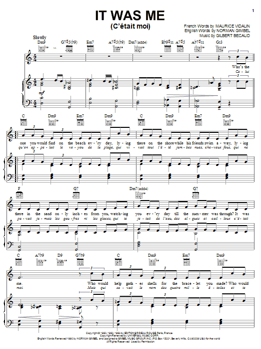 Norman Gimbel It Was Me (C'etait Moi) Sheet Music Notes & Chords for Piano, Vocal & Guitar (Right-Hand Melody) - Download or Print PDF