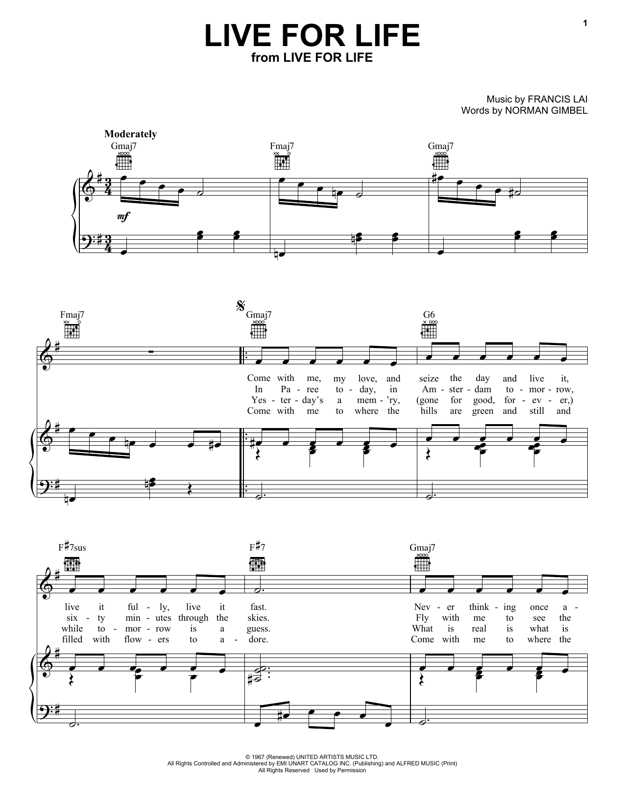 Norman Gimbel Live For Life Sheet Music Notes & Chords for Piano, Vocal & Guitar (Right-Hand Melody) - Download or Print PDF