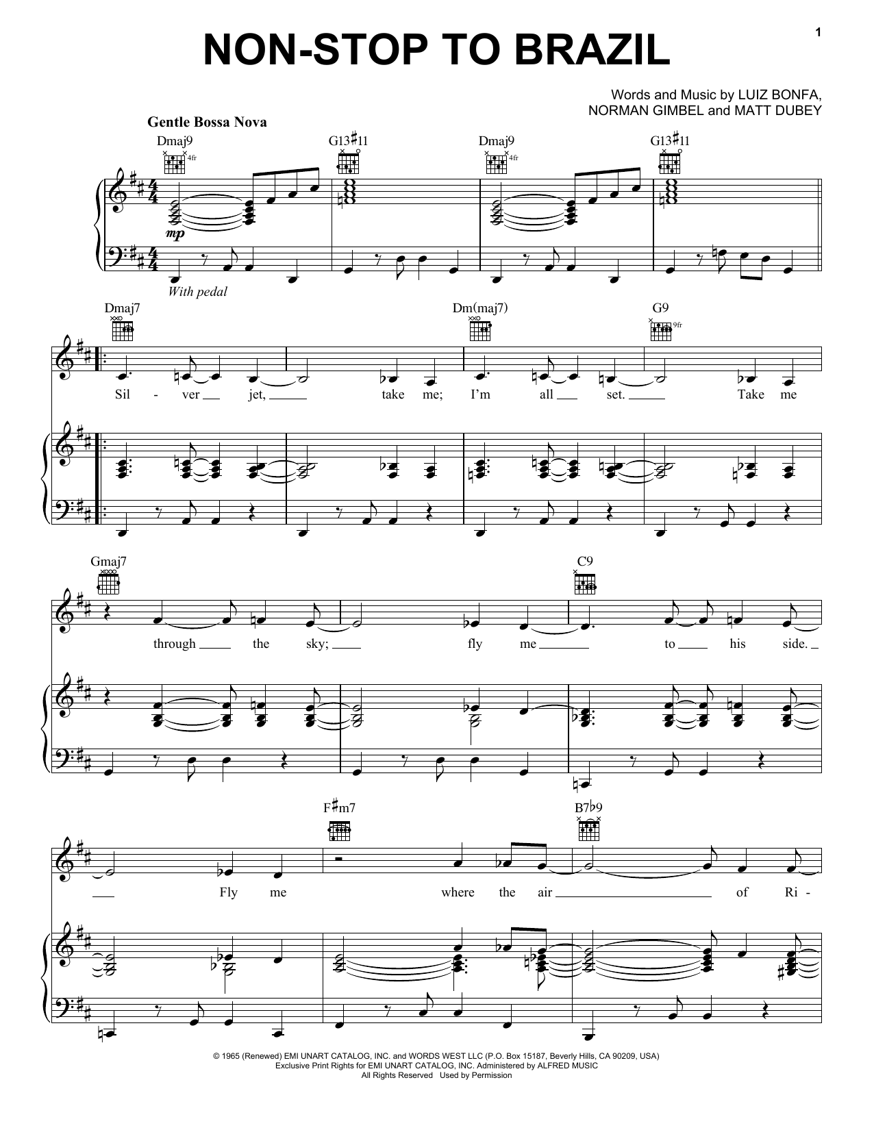 Norman Gimbel Non-Stop To Brazil Sheet Music Notes & Chords for Piano, Vocal & Guitar (Right-Hand Melody) - Download or Print PDF