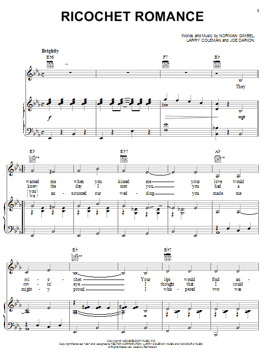 Norman Gimbel Ricochet Romance Sheet Music Notes & Chords for Piano, Vocal & Guitar (Right-Hand Melody) - Download or Print PDF